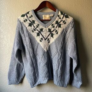 Vintage Womens Hand Knit Baby Blue V Neck Sweater Medium cottagecore grannycore